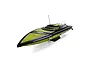 Pro Boat Sonicwake V3 36-inch RC speed boat in black with yellow geometric patterns, shown on a display stand against a white background.