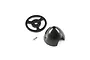 A black plastic RC plane spinner assembly including the cone, backplate, and a small metal screw on a white background.