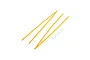 Three yellow plastic wing struts and six small metal screws for an RC plane on a white background.