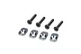 Four silver aluminium motor mount inserts and four black countersunk screws arranged on a white background.