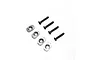 Four silver aluminium motor mount inserts and four black countersunk screws for Losi RC cars.