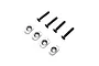 Four silver aluminium motor mount inserts and four black flat-head screws arranged on a white background.