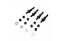 A set of four black steel shock mounts with accompanying nuts and washers on a white background.