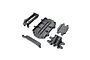 A set of black plastic Losi RC spare parts including an ESC tray, switch mount, and IC5 plug mount on a white background.