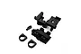 Losi RC spare parts including black plastic diff mount components and bearing inserts on a white background.