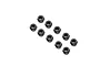 A set of ten black steel 6mm nyloc nuts arranged in a staggered pattern on a white background.