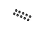 A set of ten black 4mm nyloc nuts arranged in a staggered pattern against a white background.