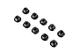 Ten black flanged nyloc nuts arranged in a grid pattern against a white background.