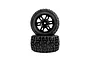 Two Pro-Line 1/16 scale Jaeger MT monster truck tyres pre-mounted on black split-six rims, stacked vertically against a white background.