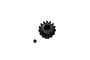 A black steel 15-tooth pinion gear for RC vehicles, shown with a small grub screw on a white background.