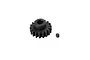 A black steel 18-tooth pinion gear with a matching grub screw on a white background.