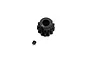A black steel 13-tooth pinion gear with a grub screw, isolated on a white background.
