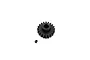 A black steel 20-tooth pinion gear with a small grub screw placed next to it on a white background.