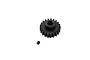 A black steel 21-tooth pinion gear with a set screw featuring blue thread locker, isolated on a white background.