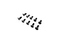 A set of ten black metal countersunk hex head screws arranged in a staggered pattern against a white background.