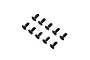 Ten black metal countersunk head screws with hex drive sockets arranged in two rows on a white background.