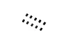 Ten small black metal grub screws arranged in two rows of five against a white background.