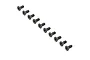 A set of ten black metal countersunk head screws with hex drive sockets arranged in a diagonal line on a white background.