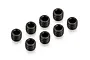 A set of eight small black metal grub screws with hexagonal sockets arranged on a white background.