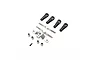 Losi aluminium steering linkage set including a servo horn, threaded rods, ball ends, and hardware components on a white background.