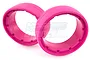 Two bright pink molded foam tyre inserts for RC buggies, shown in a studio setting.