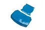 Two metallic blue RC car body panels, a hood and a roof, isolated on a white background.