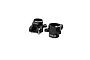 A pair of black anodized aluminium rear hubs for an RC car, featuring TLR and HRC branding, set against a plain white background.