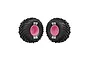 Two ARRMA dBoots Cut Chevron monster truck tyres mounted on bright pink plastic rims against a white background.