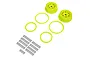 Two yellow RC beadlock rims, four yellow beadlock rings, and a set of black mounting screws arranged on a white background.