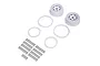 Pro-Line 3.1 inch white beadlock RC rims with matching rings and a set of black mounting screws on a white background.
