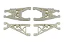 A set of four white plastic RC suspension arms arranged on a white background.