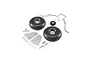 HobbyZone landing gear set including two large main wheels, one small nose wheel, metal wire struts, plastic fairings, and various mounting screws.