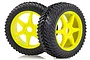Two off-road RC car wheels with black rubber tires and bright yellow six-spoke plastic rims isolated on a white background.