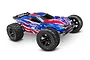 A Traxxas Rustler 40th Anniversary edition RC stadium truck with a red, white, and blue patriotic paint scheme on a white background.