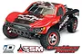Traxxas Slash VXL 1/10 scale RC short course truck in red and black livery with sponsor decals, shown on a white background.