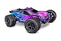 Traxxas Rustler 4X4 RC stadium truck in a vibrant purple and blue graphic paint scheme, shown from a three-quarter front angle on a white background.