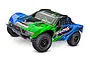 Traxxas Slash 4X4 RC short course truck with a green and blue body, black wheels, and off-road tires, shown from a front three-quarter angle.