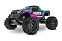 Traxxas Stampede 2WD Brushless RC monster truck with a black, teal, and magenta graphic body, shown in a studio setting.