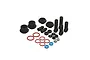 A collection of black plastic shock components, red and blue O-rings, and small metal nuts for a Pro-Line RC shock rebuild kit.