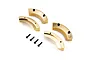 Four curved brass wheel weights and four black socket head screws arranged on a white background.