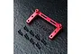 A red anodized aluminium servo mount for RC cars, accompanied by eight black screws and four small black washers on a dark textured surface.