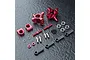 MST aluminium rear hub set in red, including metal hubs, ball ends, turnbuckles, bearings, and screws on a dark textured surface.