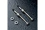 Two MST 42mm lightweight aluminium CVD driveshafts and two ball bearings on a dark textured surface.