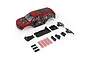 ARRMA Gorgon 1/10 scale RC truck body shell in red and black with included plastic accessories and red coil springs on a white background.