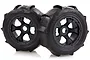 Two Rovan 1/5 scale black beadlock wheels with paddle-style Sand Buster tyres for RC Baja vehicles, shown against a white background.