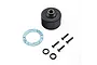 Losi 1/5 scale differential case, blue paper gasket, two black rubber O-rings, and four black machine screws on a white background.