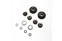 A set of Losi internal differential gears and metal shims arranged on a white background.