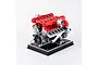 A detailed, assembled Teching DM109 V12 engine model kit featuring red valve covers and intake manifolds mounted on a black display base.