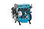 A studio shot of a blue Teching DM111 turbocharged four-cylinder engine model kit on a white background.