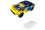 Pro-Line Pulse short course body shell for 1/10 RC trucks, shown both painted with a blue and yellow flame design and as a clear, unpainted version.